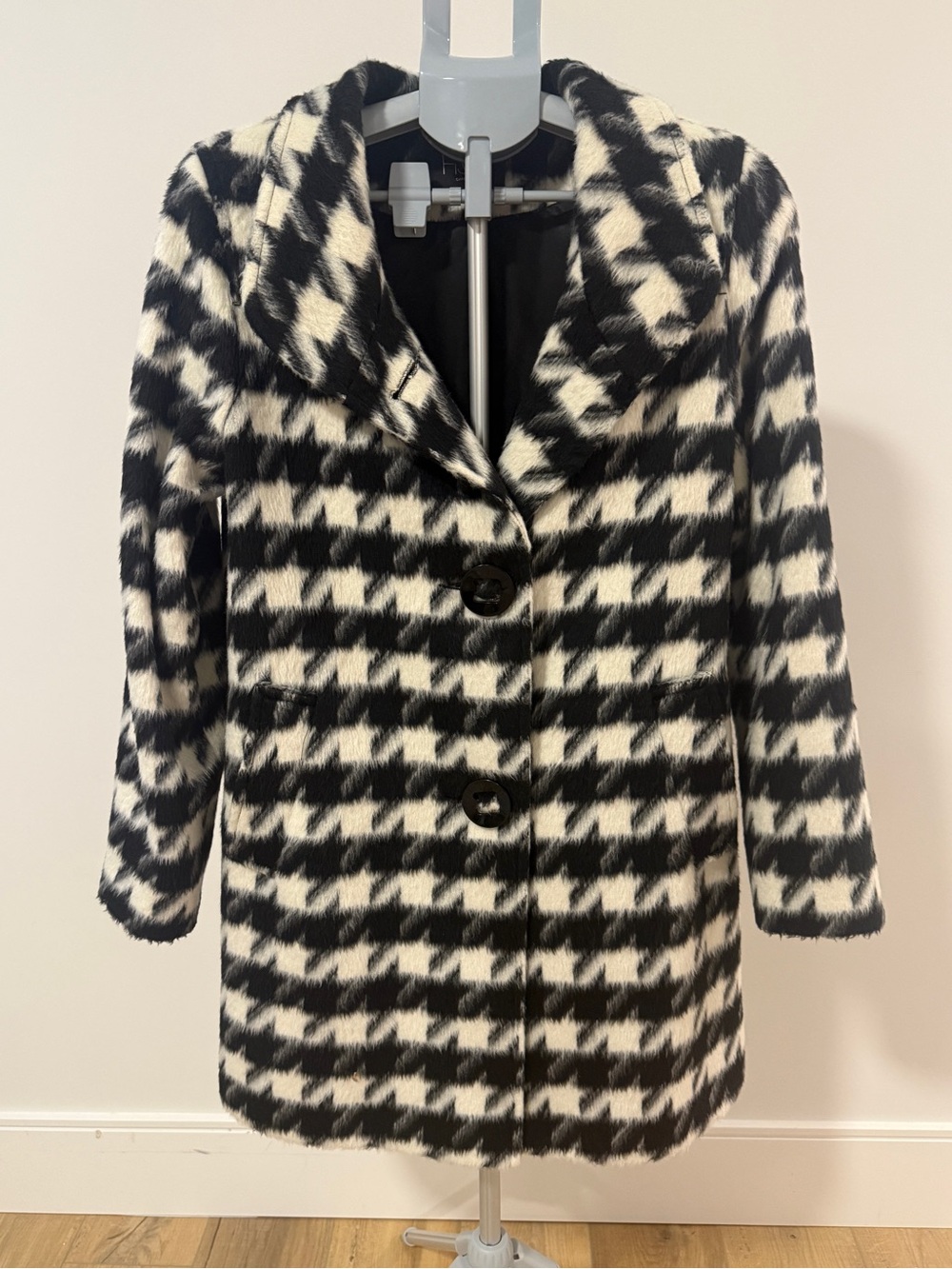HISO Wool Coat Rare Pattern Black & White Houndstooth Made in Canada Fuzzy Soft